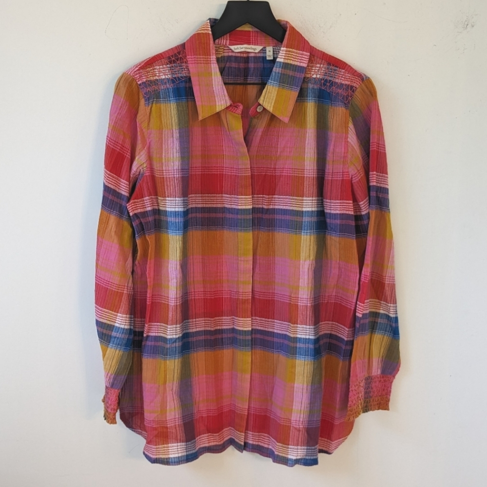 Soft Surroundings Sansonne Shirt Multi Plaid Gauzy Cotton Smocked Embroidered